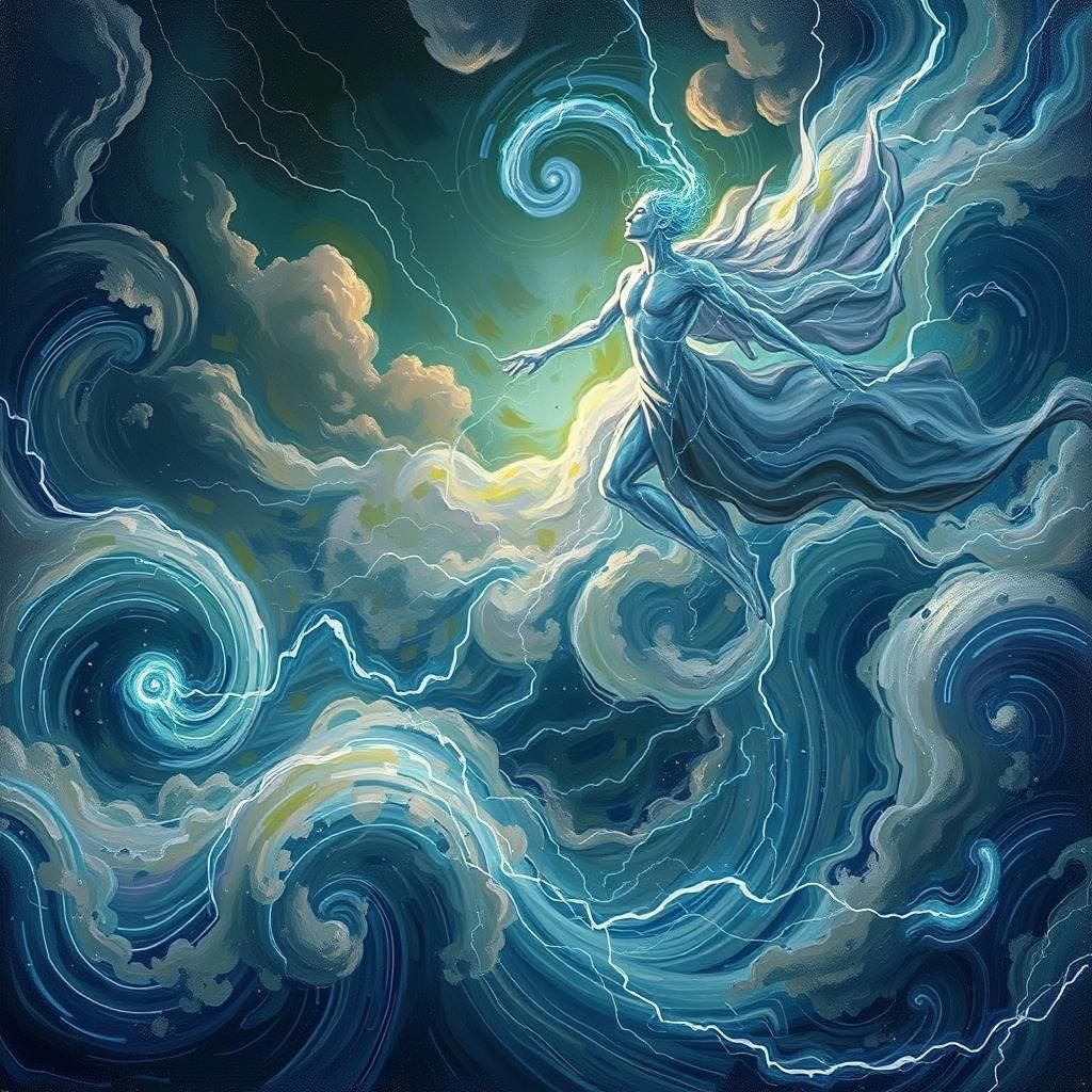 Electric Being Soaring Through Storm Clouds