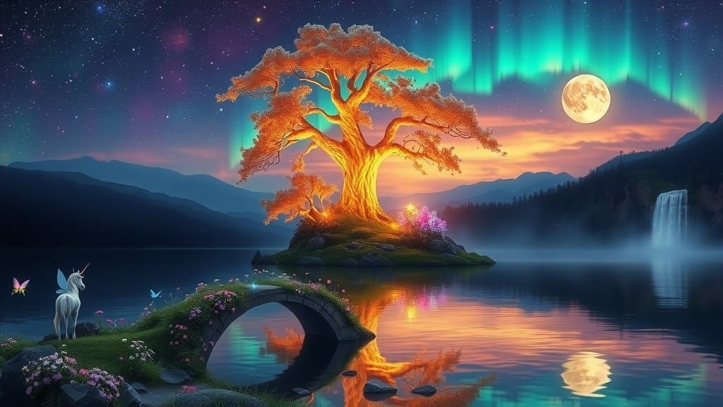 Starry Fantasy Landscape with Aurora Borealis