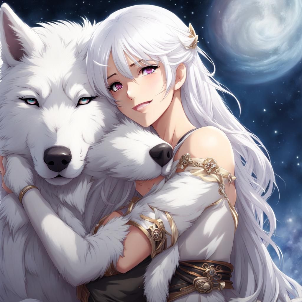 Woman and Wolf Hug in Anime Style