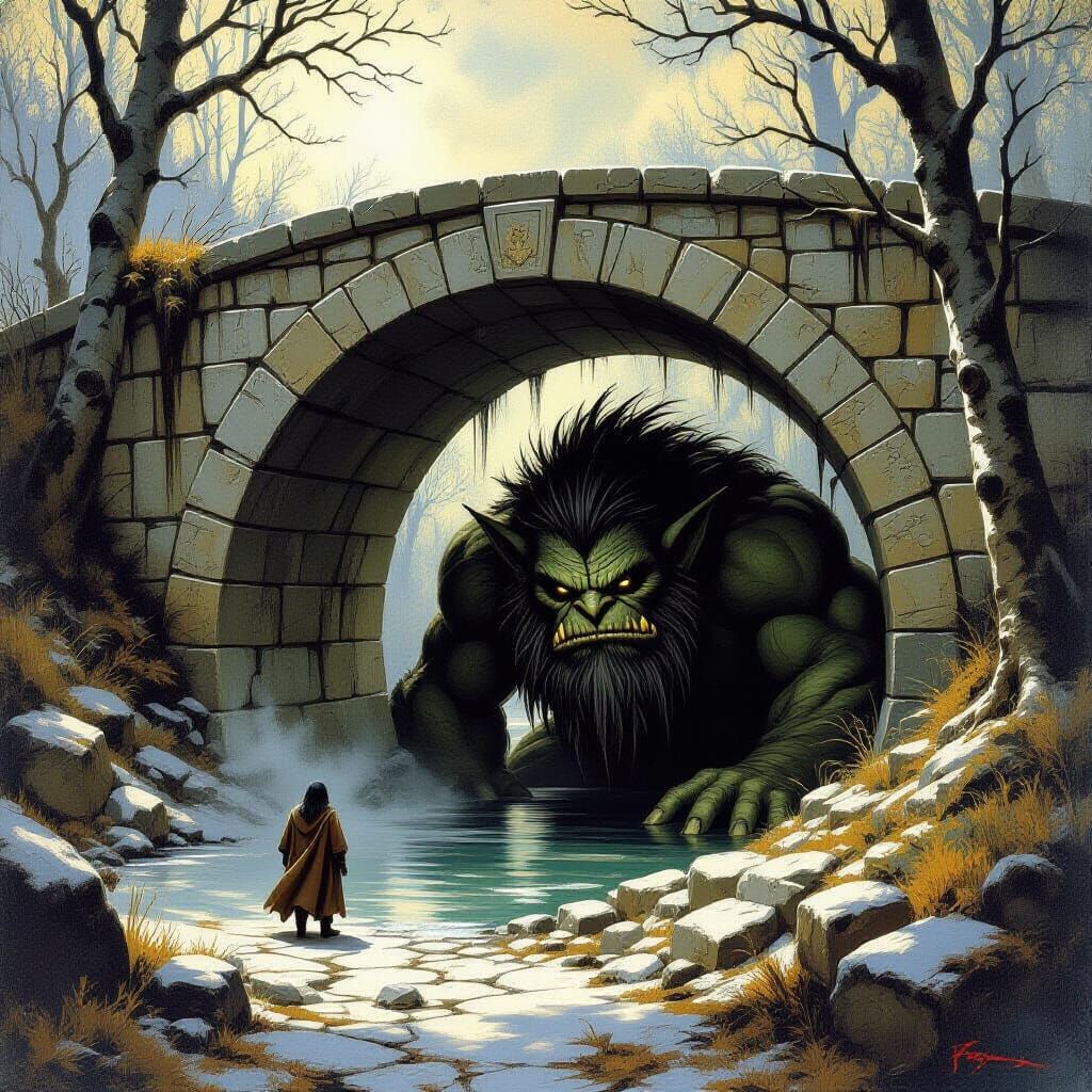 Troll Under Bridge: A Dark Fantasy Oil Painting