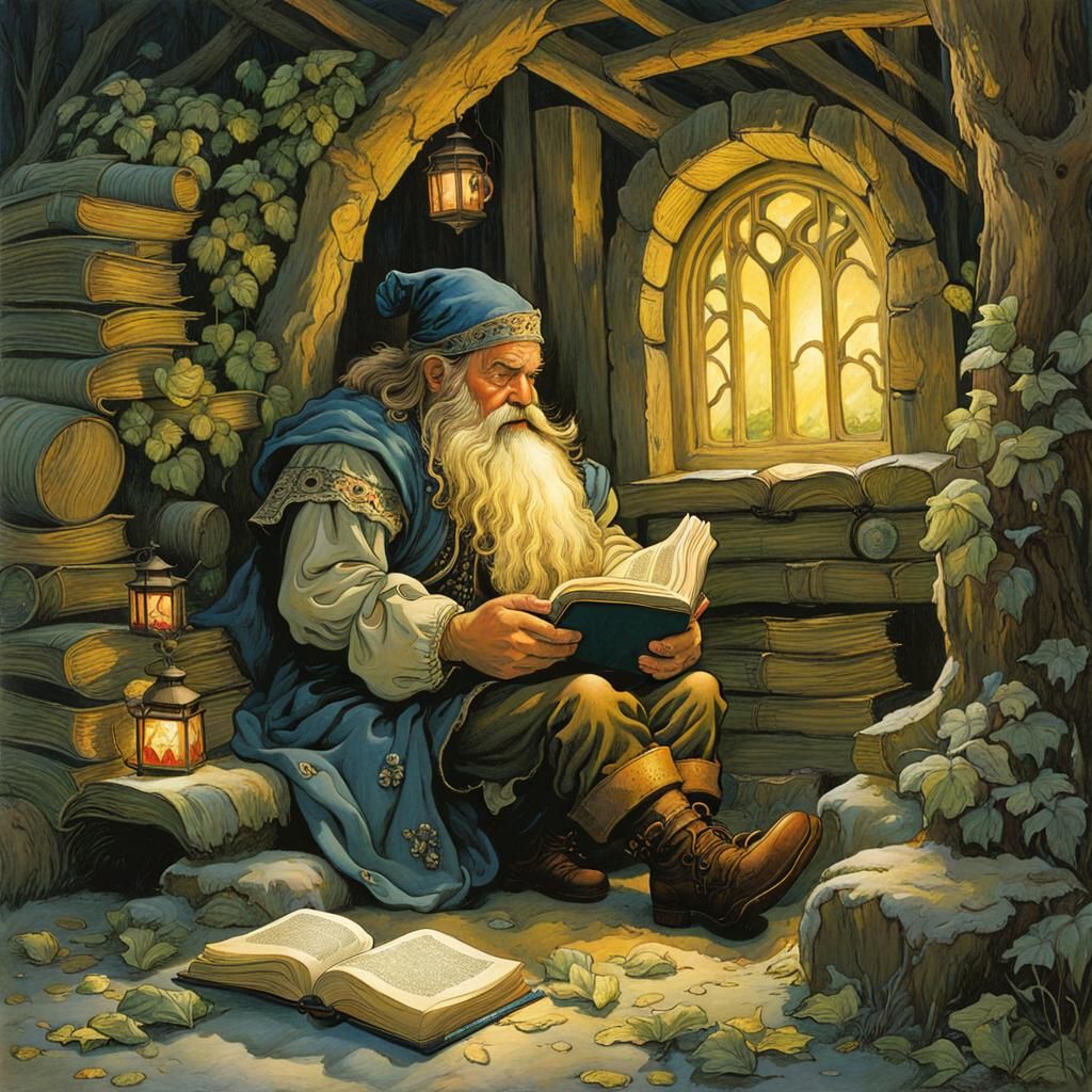 Dwarf Reading Book in Children's Book Illustration Style