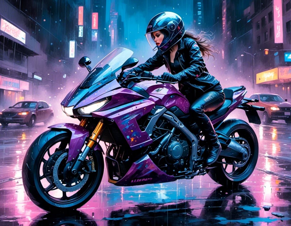 Cyberpunk Motorcycle in Rainy Cityscape