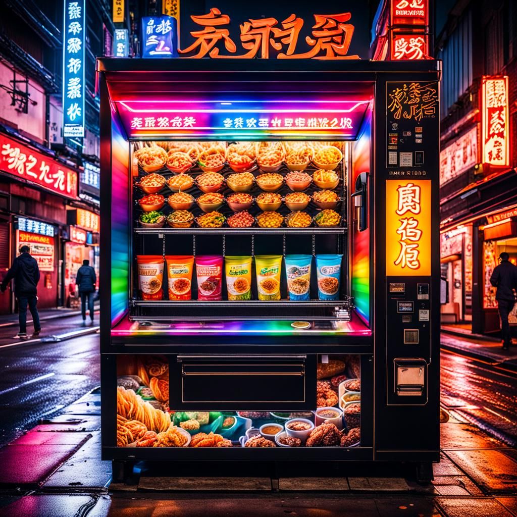 Ramen Vending Machine with Rainbow Neon Lights