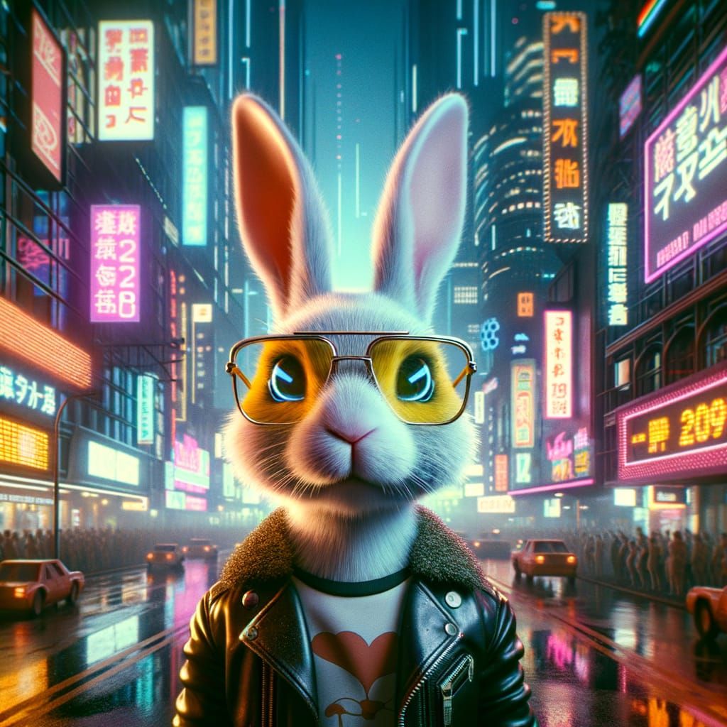 Cyberpunk Rabbit Scientist Wearing Glasses in Neon City