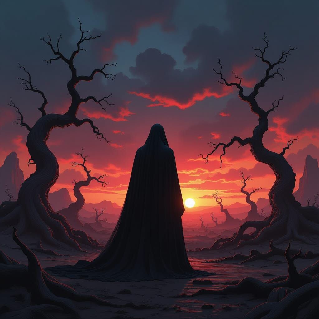 Nightmare Landscape with Dark Figure in Surreal Style