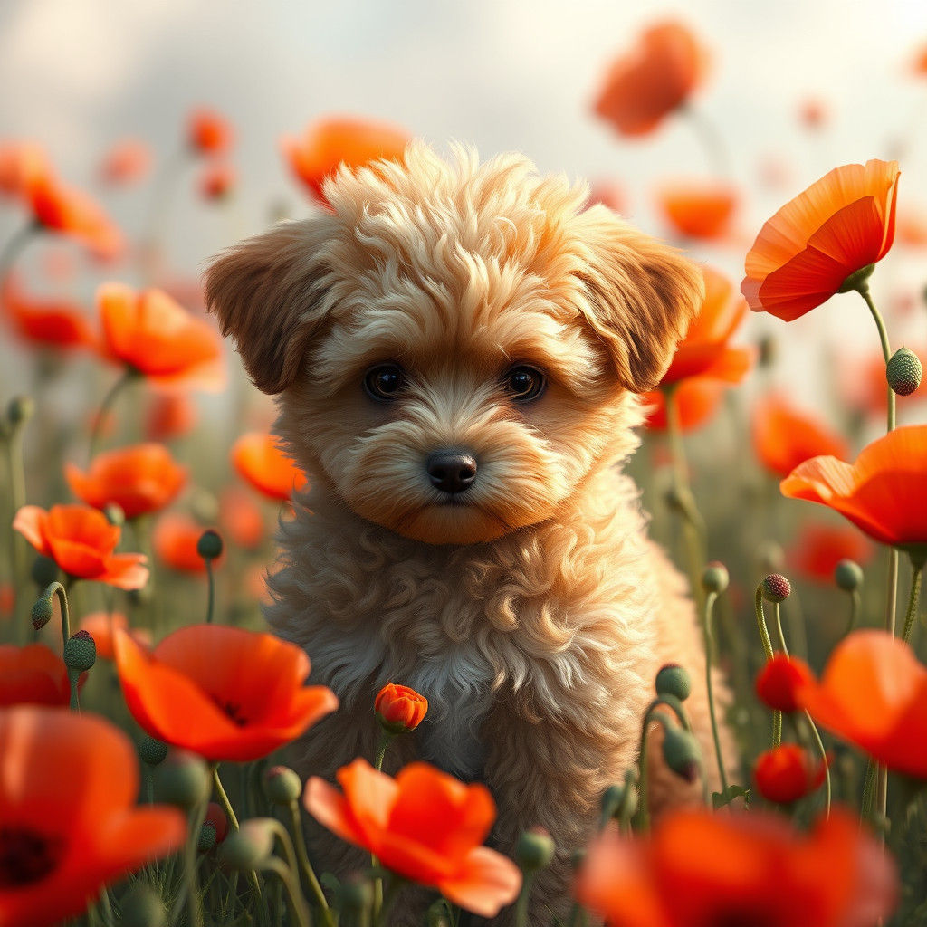 Maltipoo in Poppy Field: Fantasy Concept Art