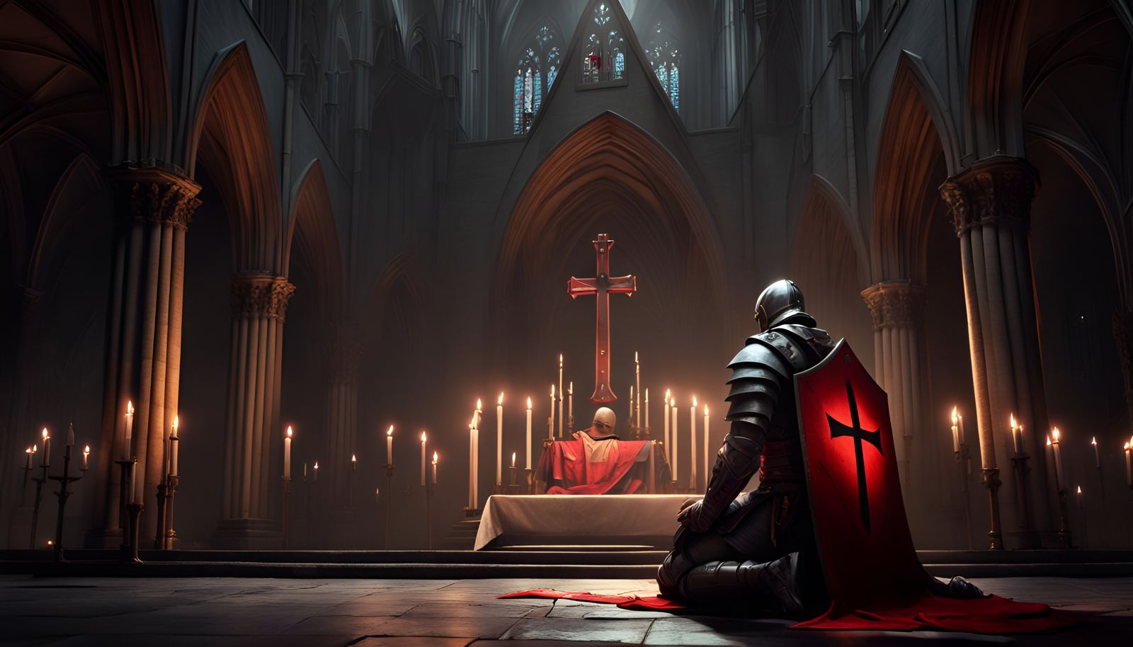 Templar Knight Kneeling in Cathedral, Dark Fantasy Art