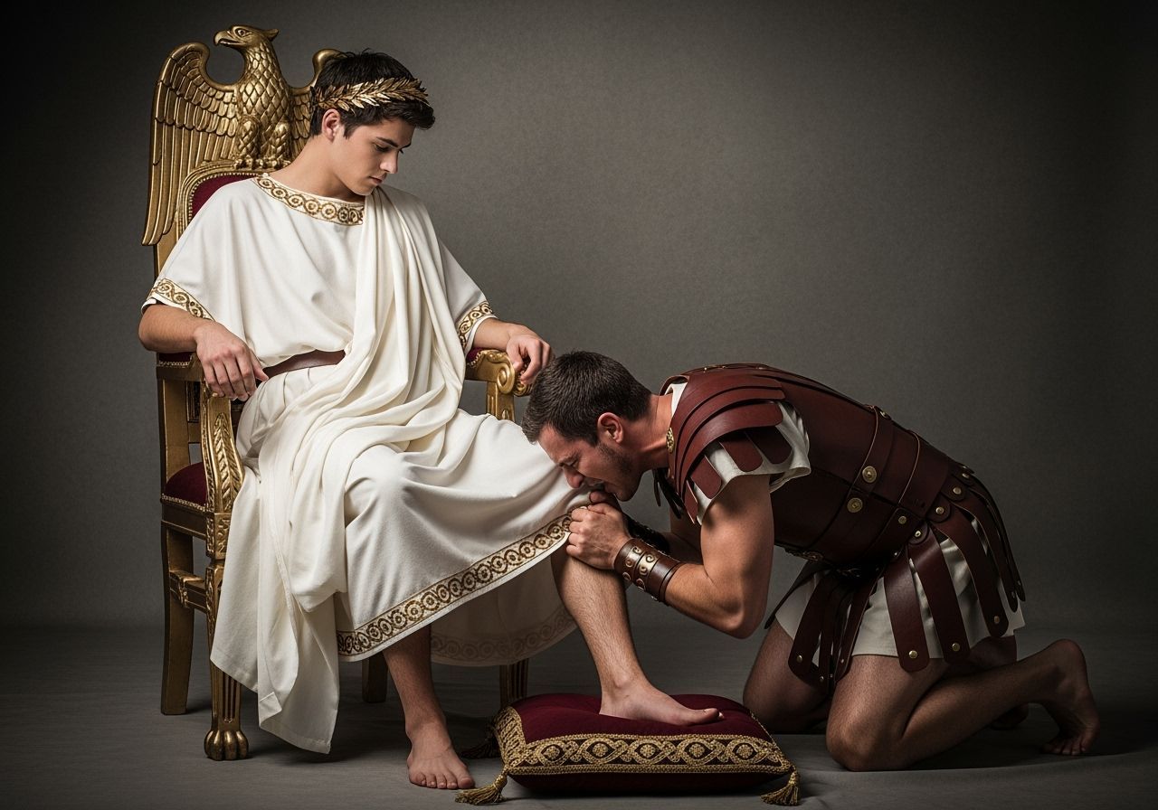 Barefoot Roman Emperor on Eagle Throne in Photo-realistic St...