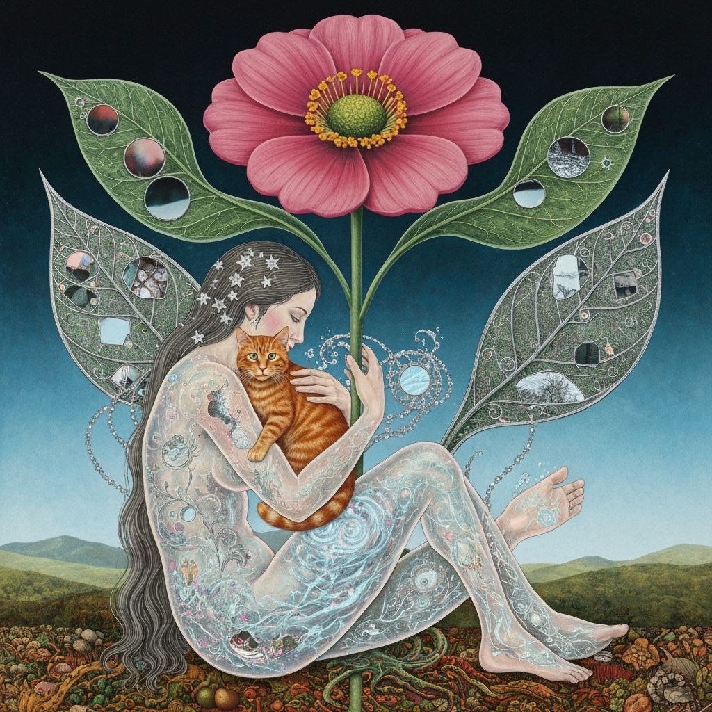 Translucent Woman Holds Cat Amidst Bioluminescent Flora
