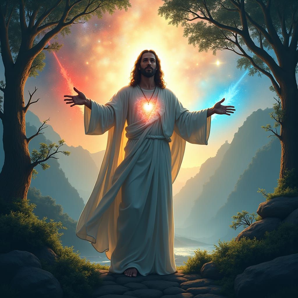 Jesus Silhouette with Cosmic Nebula in Twilight Forest