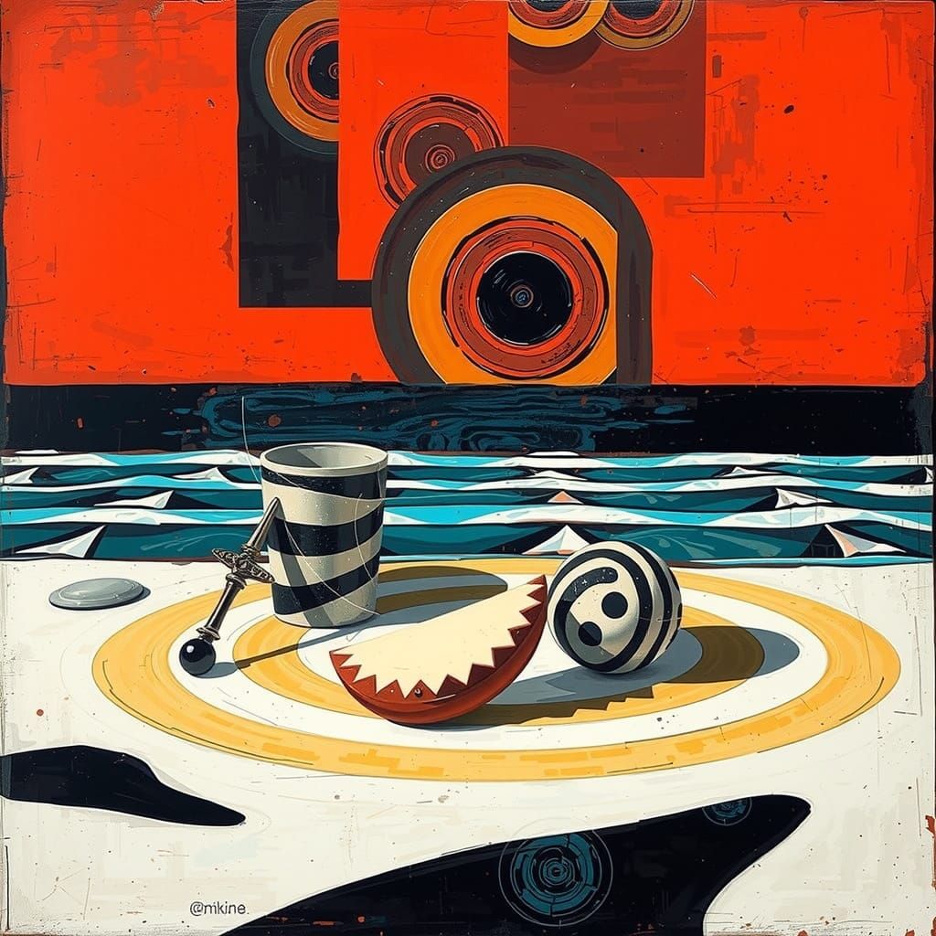 Abstract Beach Still Life in Geometric Op Art Style