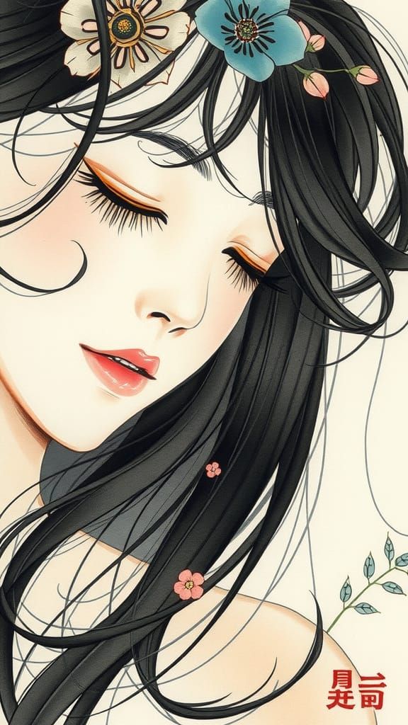 Whimsical Japanese Watercolor Woman in Dreamlike Tranquility