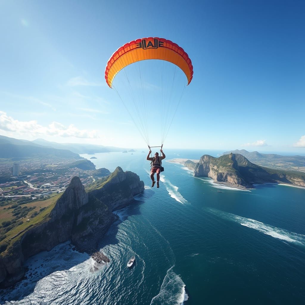 Elderly Man Paragliding Above the Sea