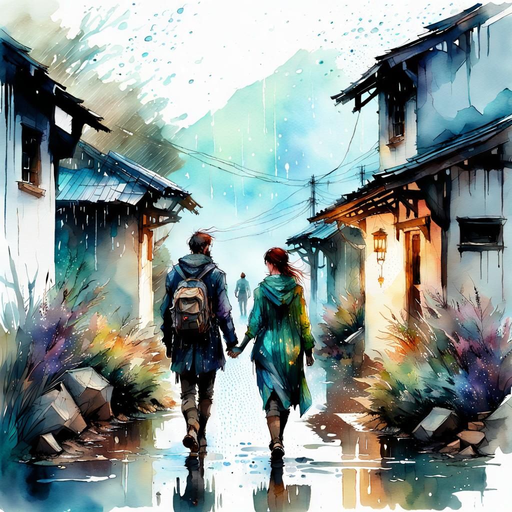 Couple Walking in Rainy Galaxy: Watercolor Illustration