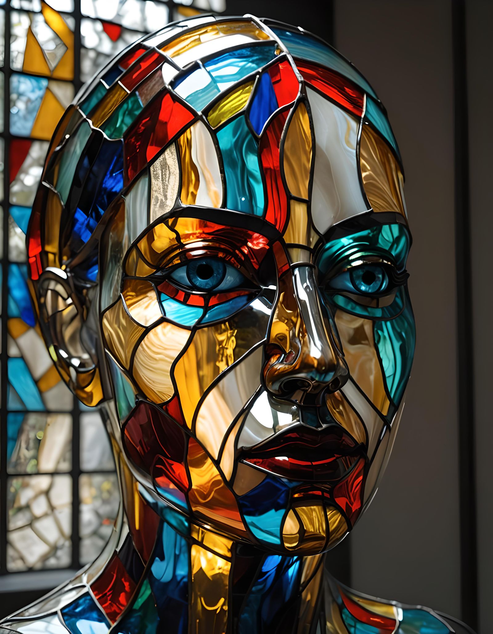 Abstract Stained Glass Face Sculpture in Museum