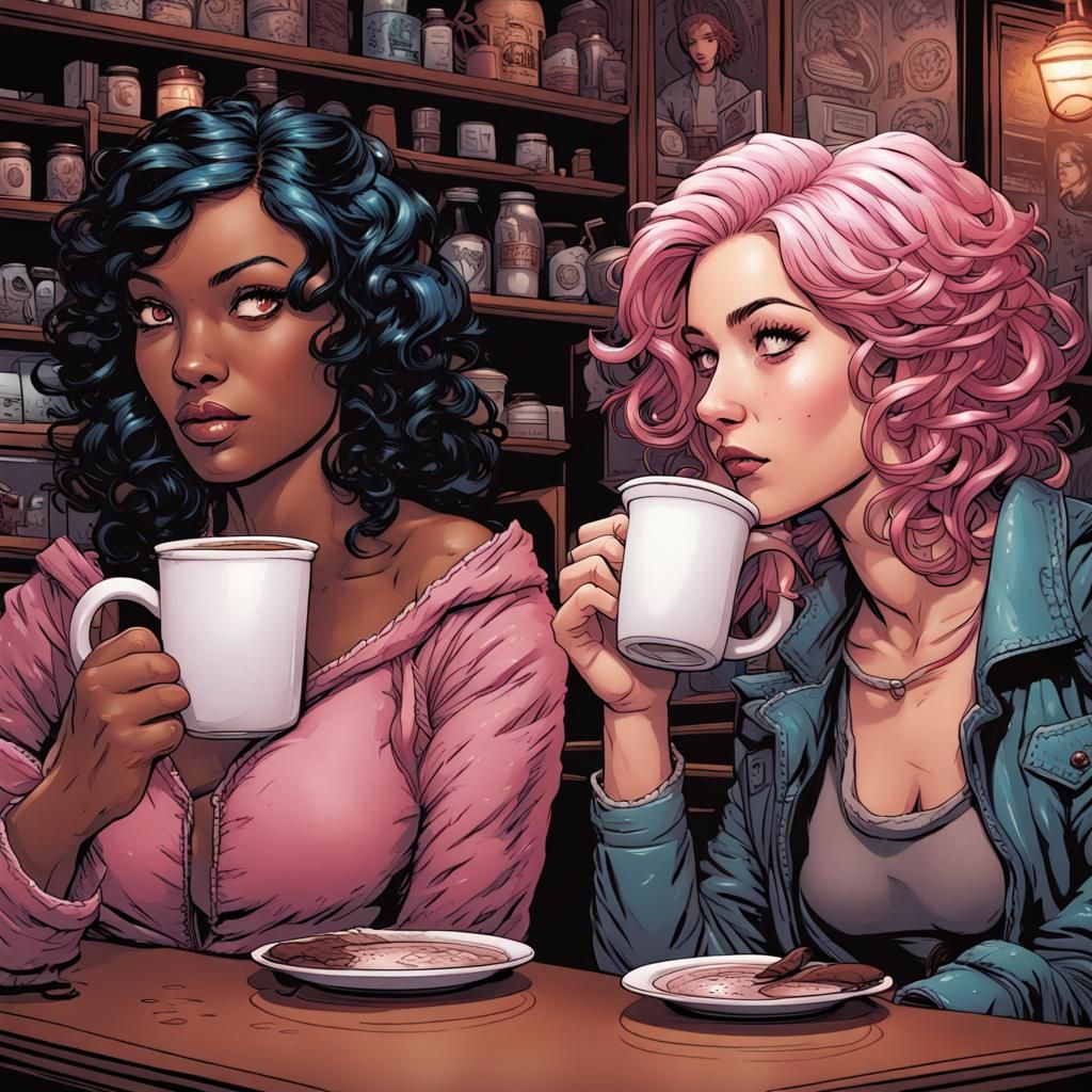 Pink Haired Woman Enjoying Hot Chocolate, Comic Book Art