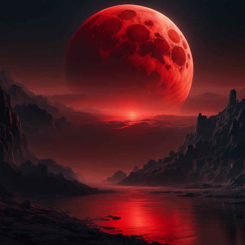 Giant Red Moon at Night: Digital Matte Painting