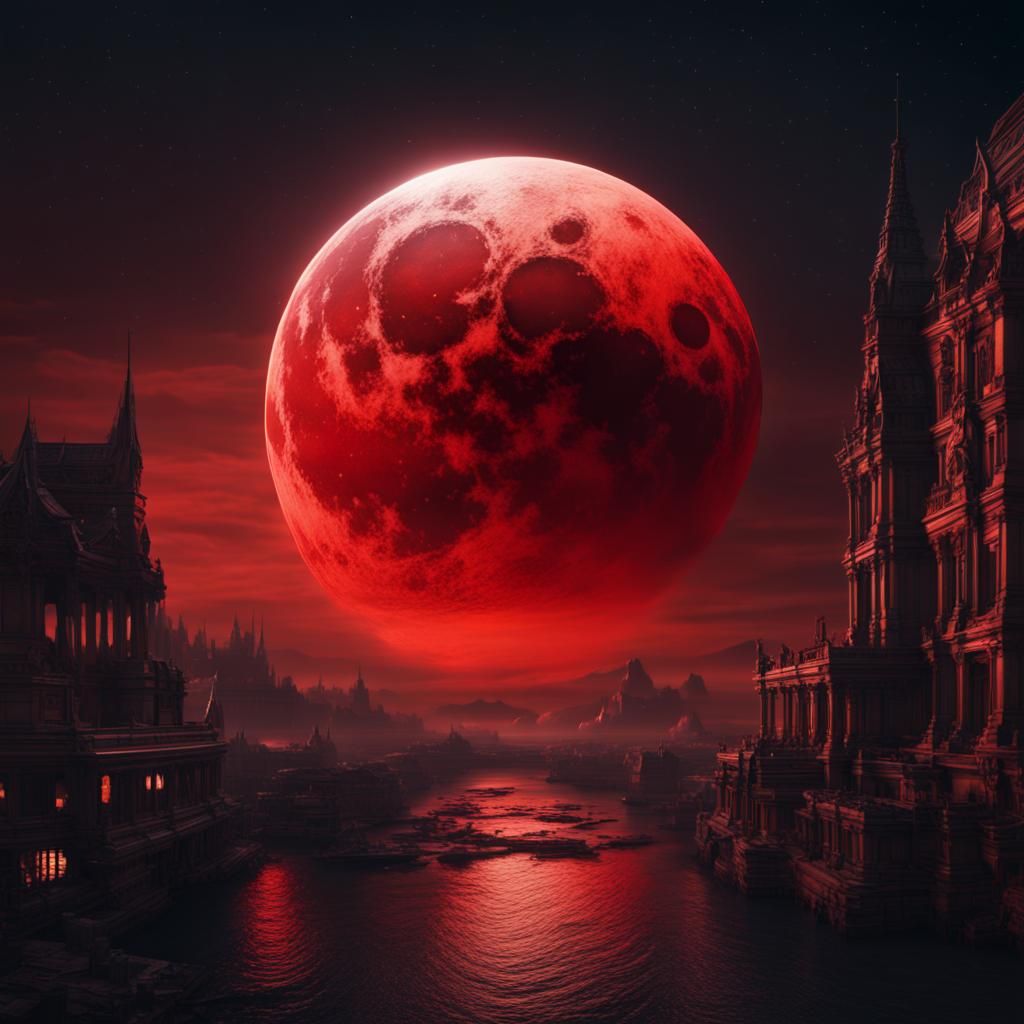 Giant Red Moon at Night: Dramatic Digital Painting