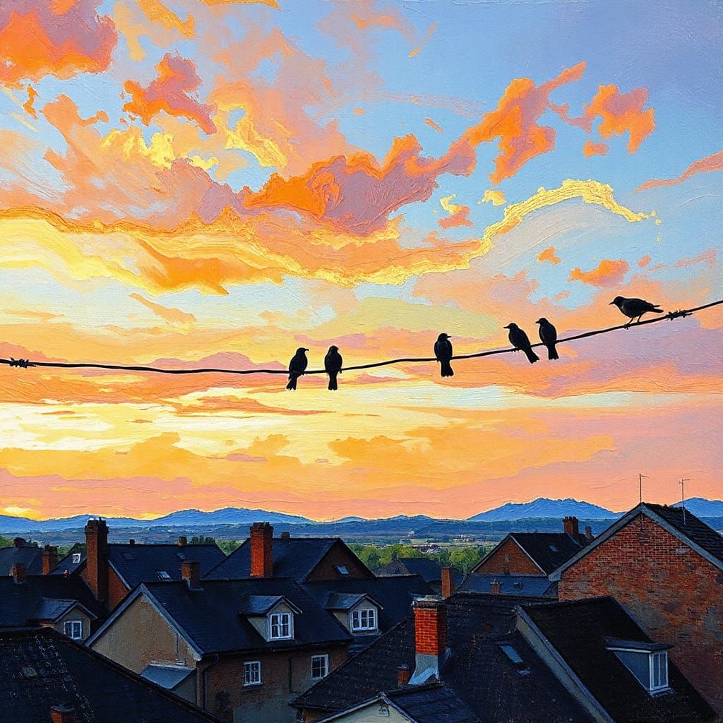 Birds on a Wire Evening Rooftops Neo-Impressionist Oil Paint...
