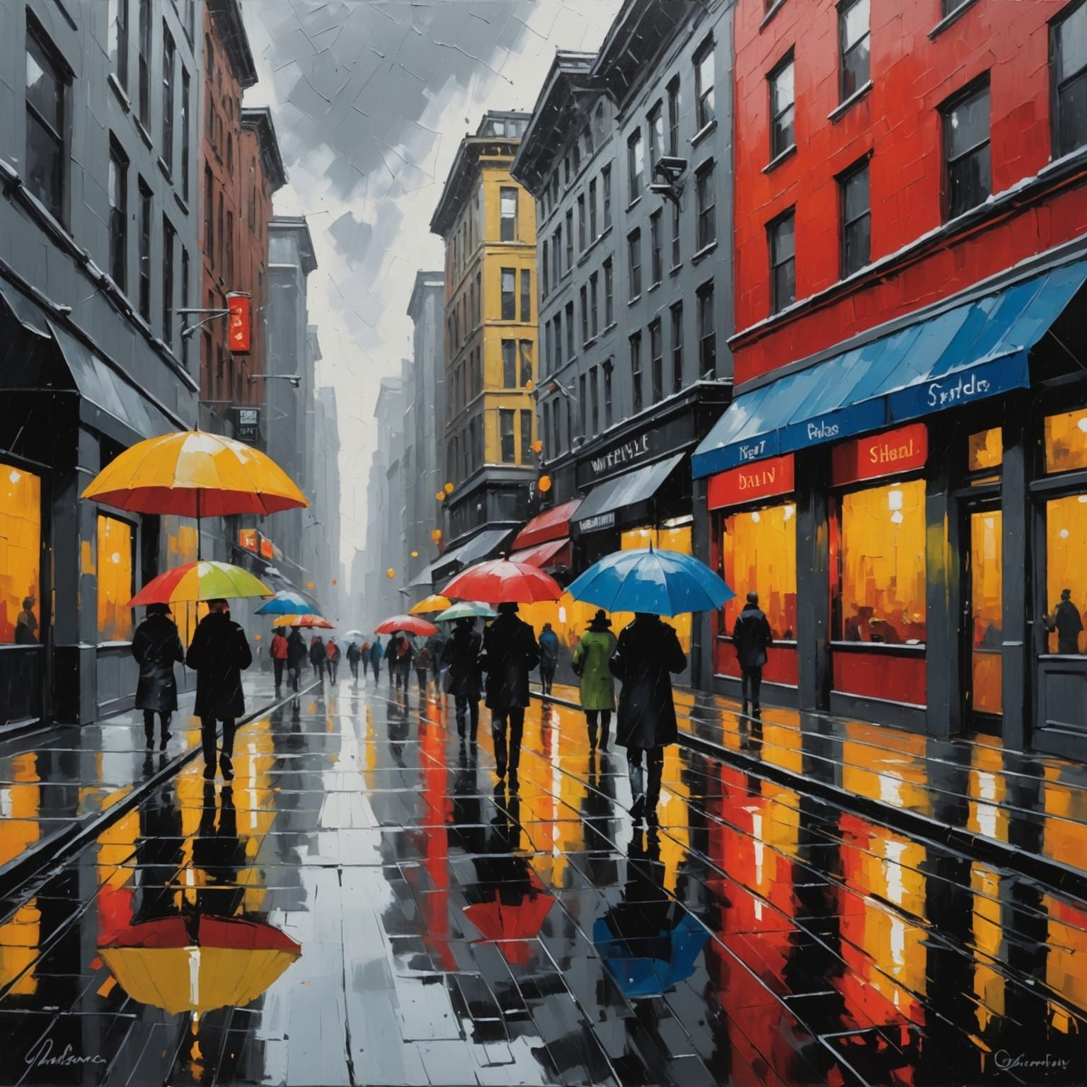 Impasto Painting of a Rainy Urban Street with Colorful Umbre...
