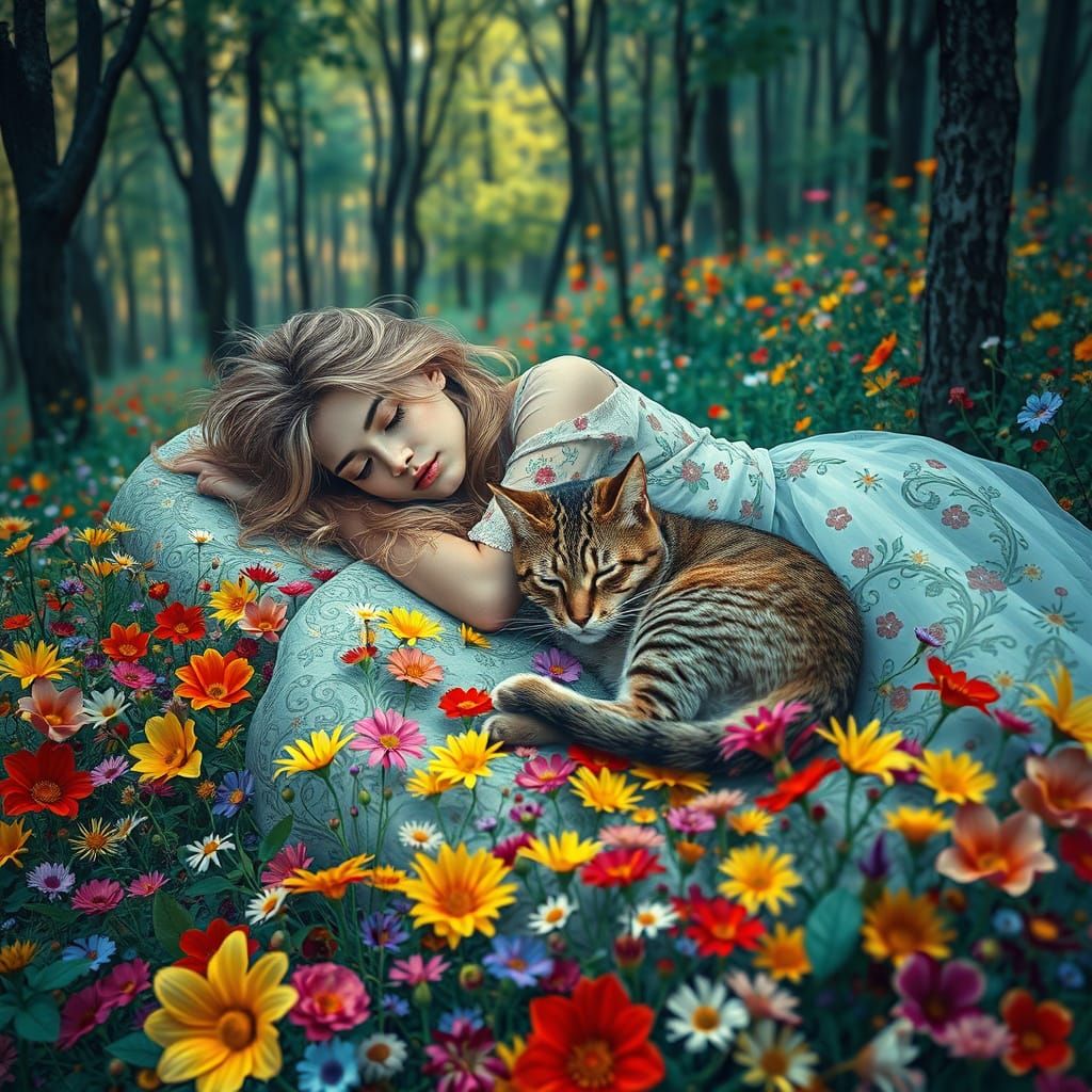 An abstract wide-angle scene, in the style of LoveCat, of a young blonde woman in a floral dress, with long, messy, ligh...