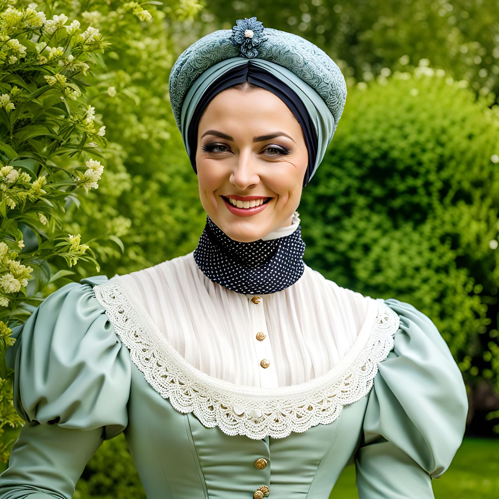 Victorian Woman in Garden with Turban and Balaclava