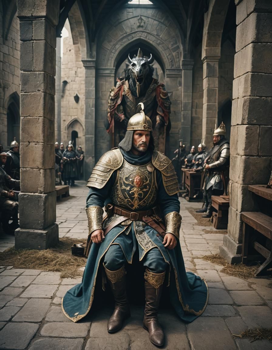 Medieval Guard Protecting King: Cinematic Film Still