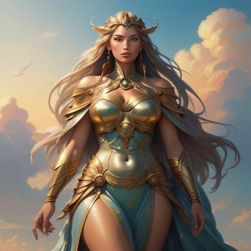 Beautiful Giant Goddess Among Clouds in Golden Hour Light