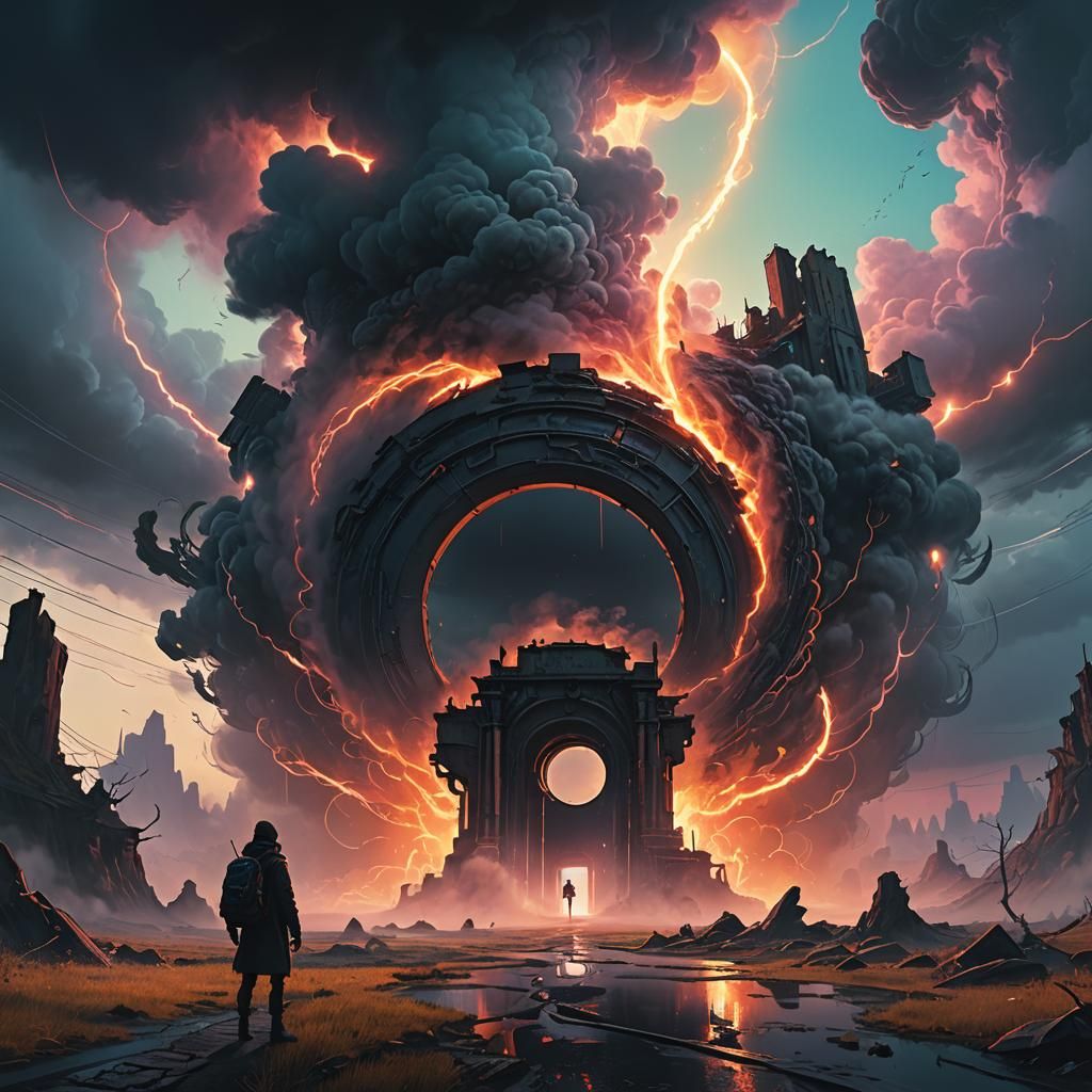 Mysterious Shadow Approaching a Swirling Portal