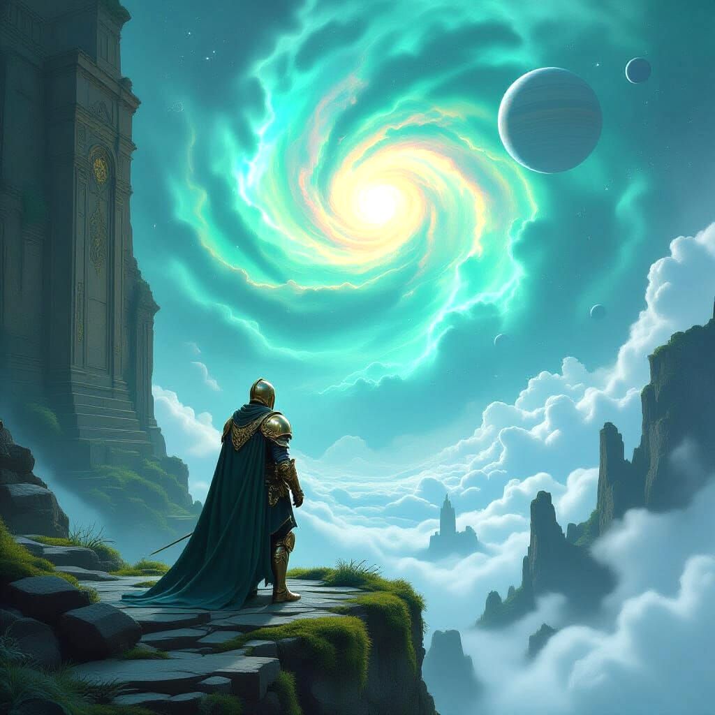Knight Gazes at Nebula Above Ancient Ruins