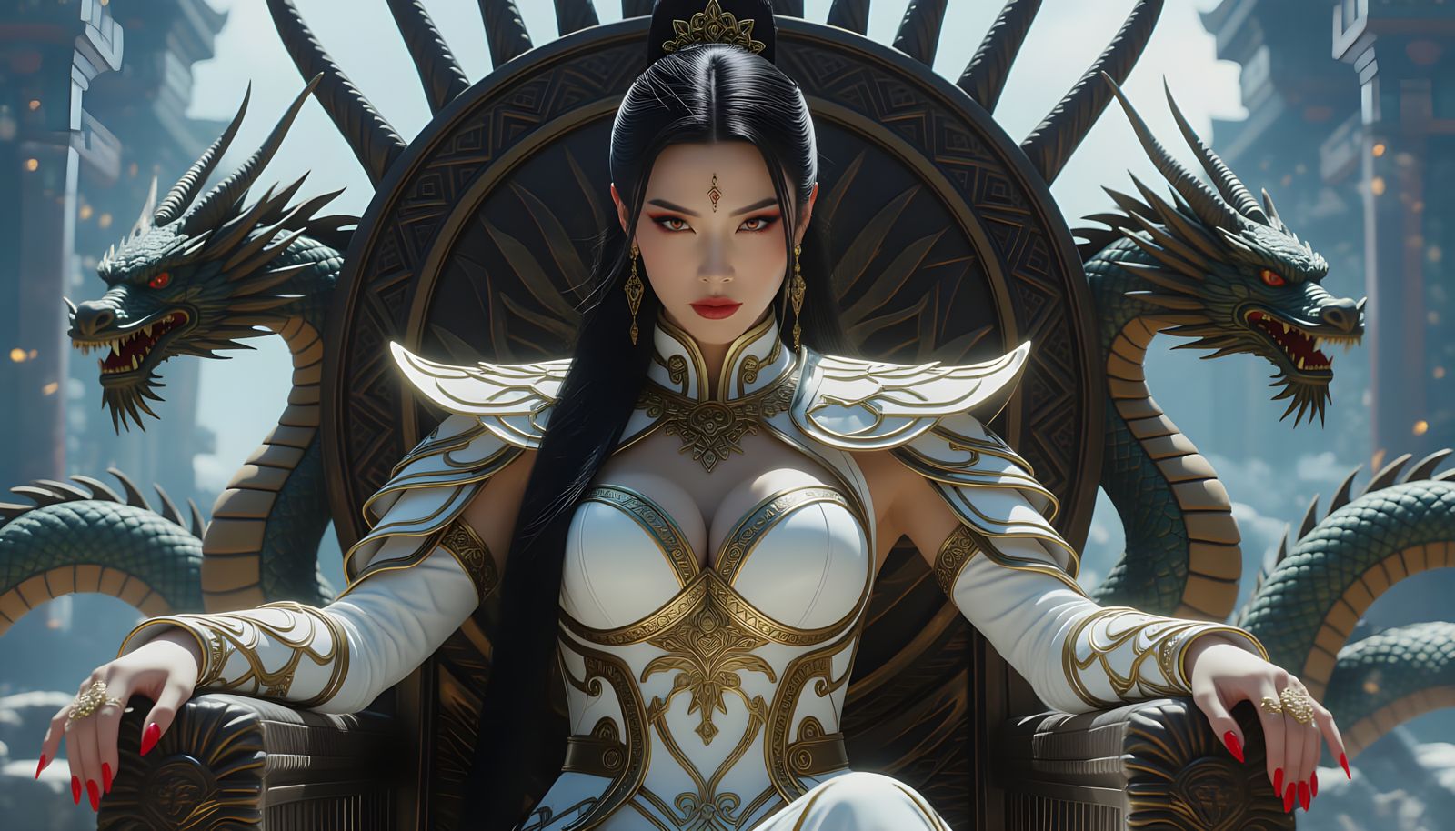 Asian Sorceress on Dragon Throne in Hyperrealistic Style
