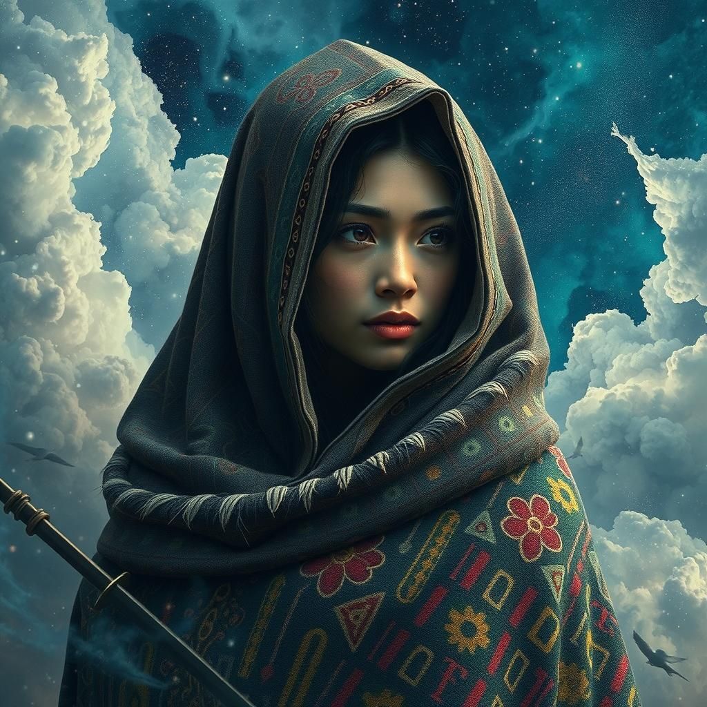 Pre-Columbian Woman in Dreamy Clouds, Digital Art