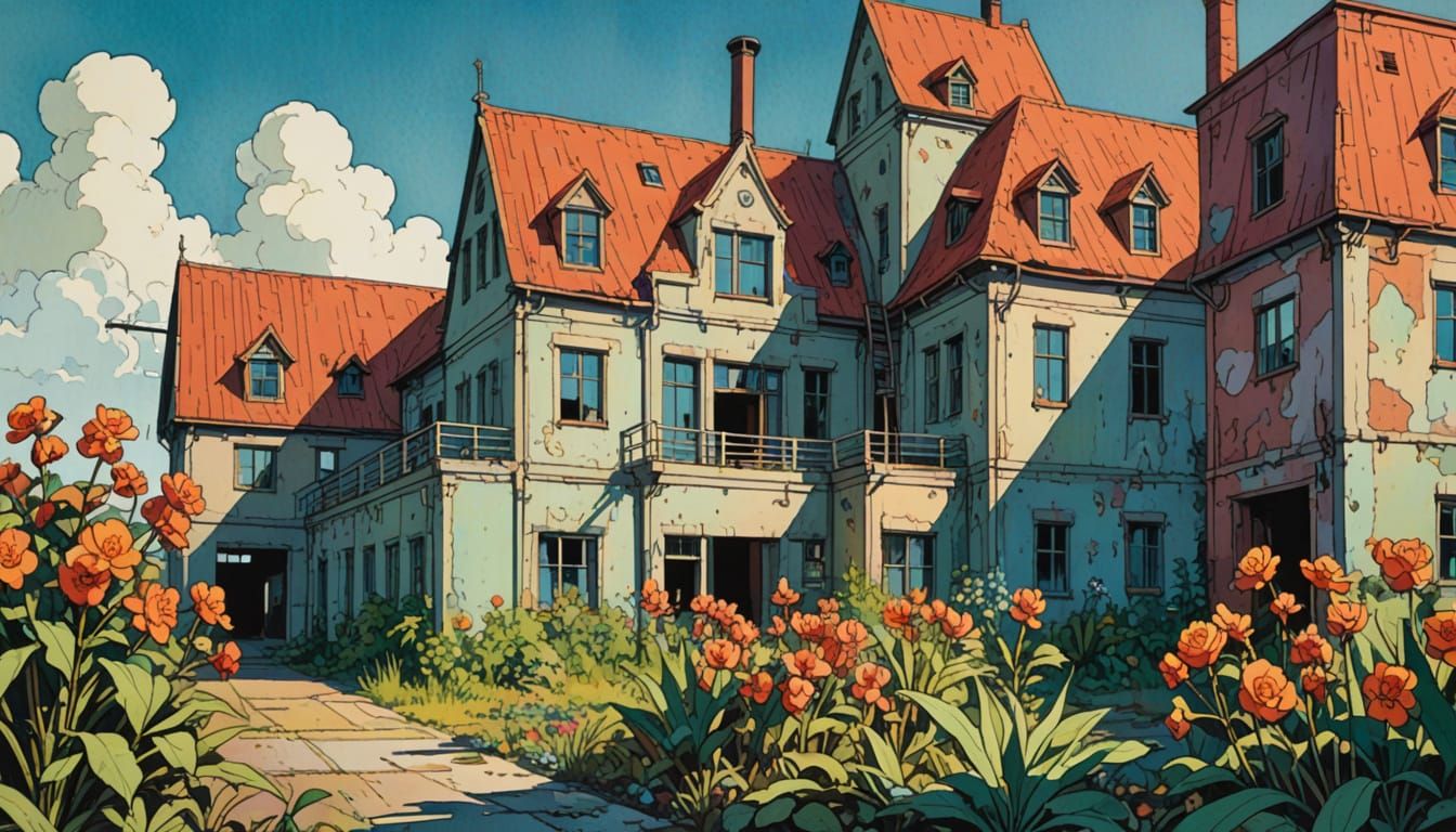 Abandoned Factory with Exotic Plants in Retro Comic Style