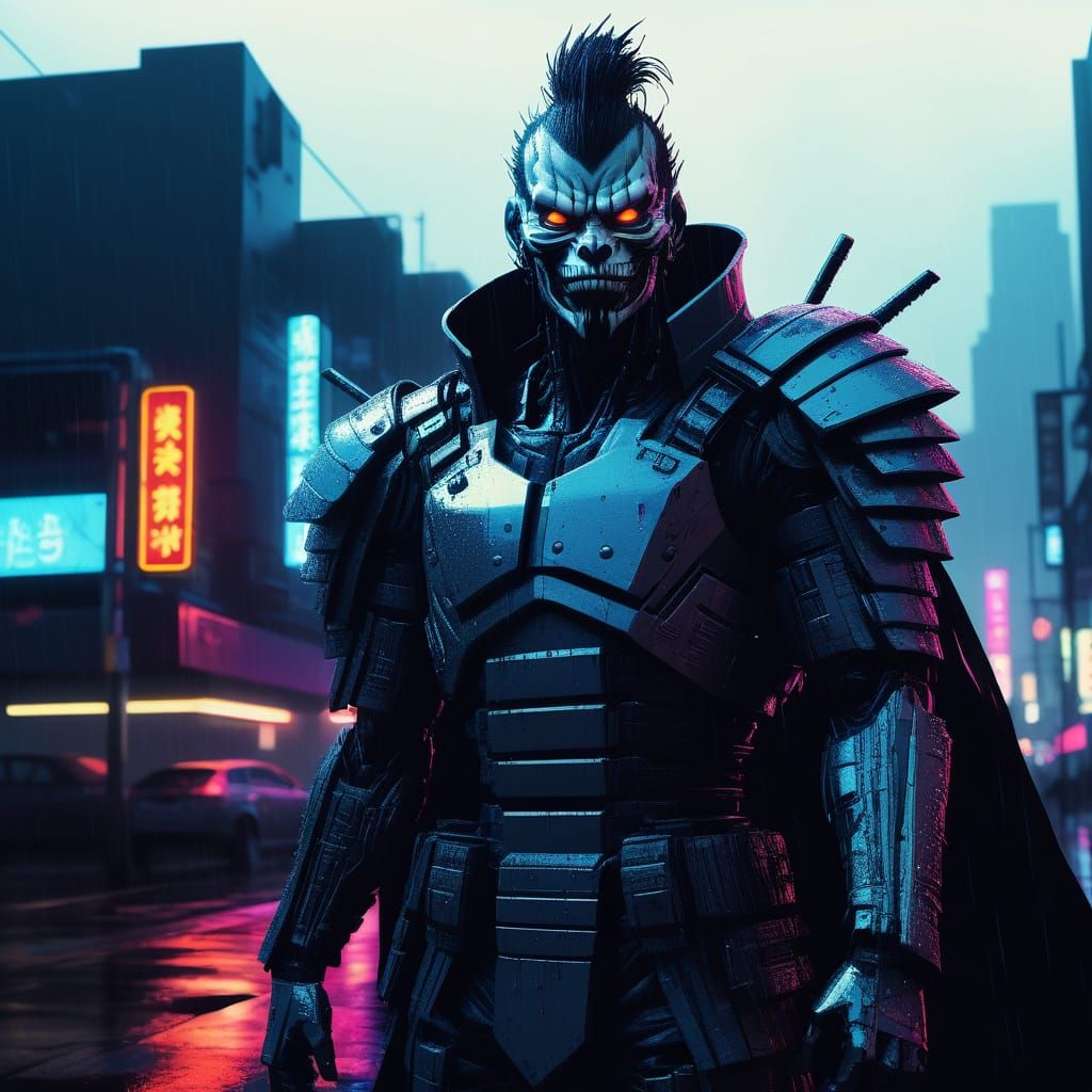 Cyberpunk Samurai Ryuk in Neon Noir Cityscape
