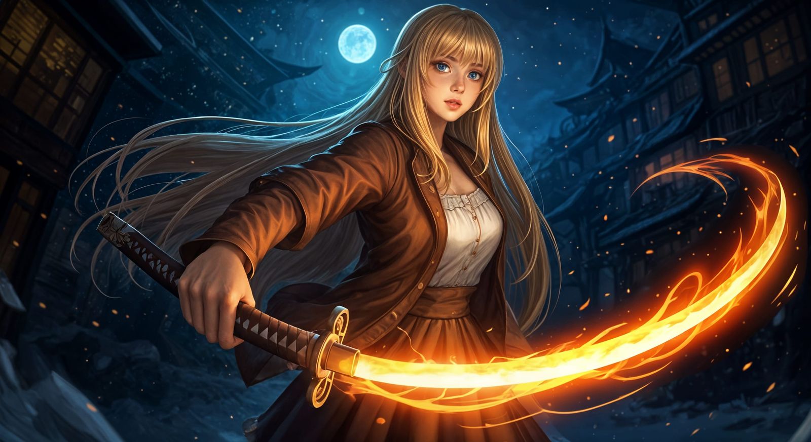Manga Woman with Glowing Katana at Night