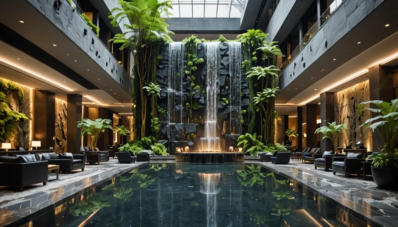 Futuristic Luxury Hotel Lobby with Waterfall