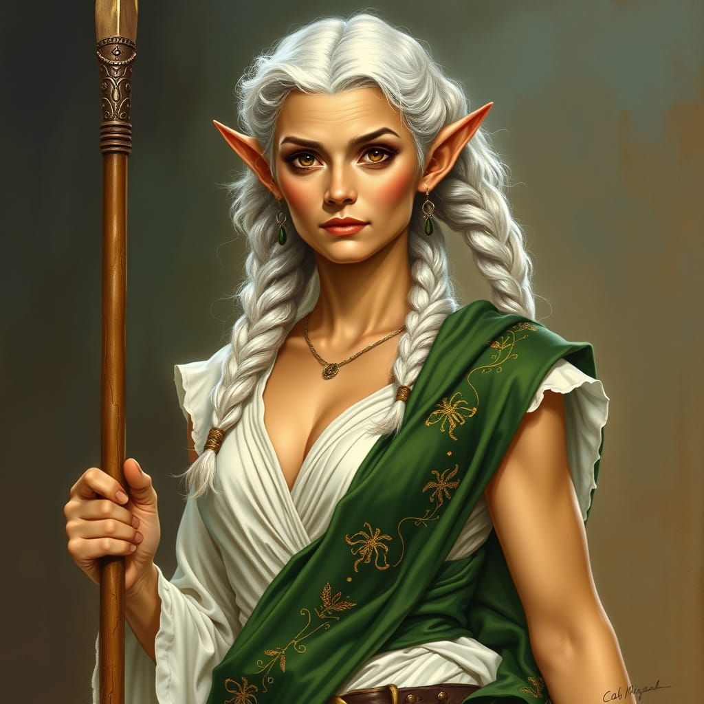 Elven Warrior Woman with Spear in Fantasy Art Style