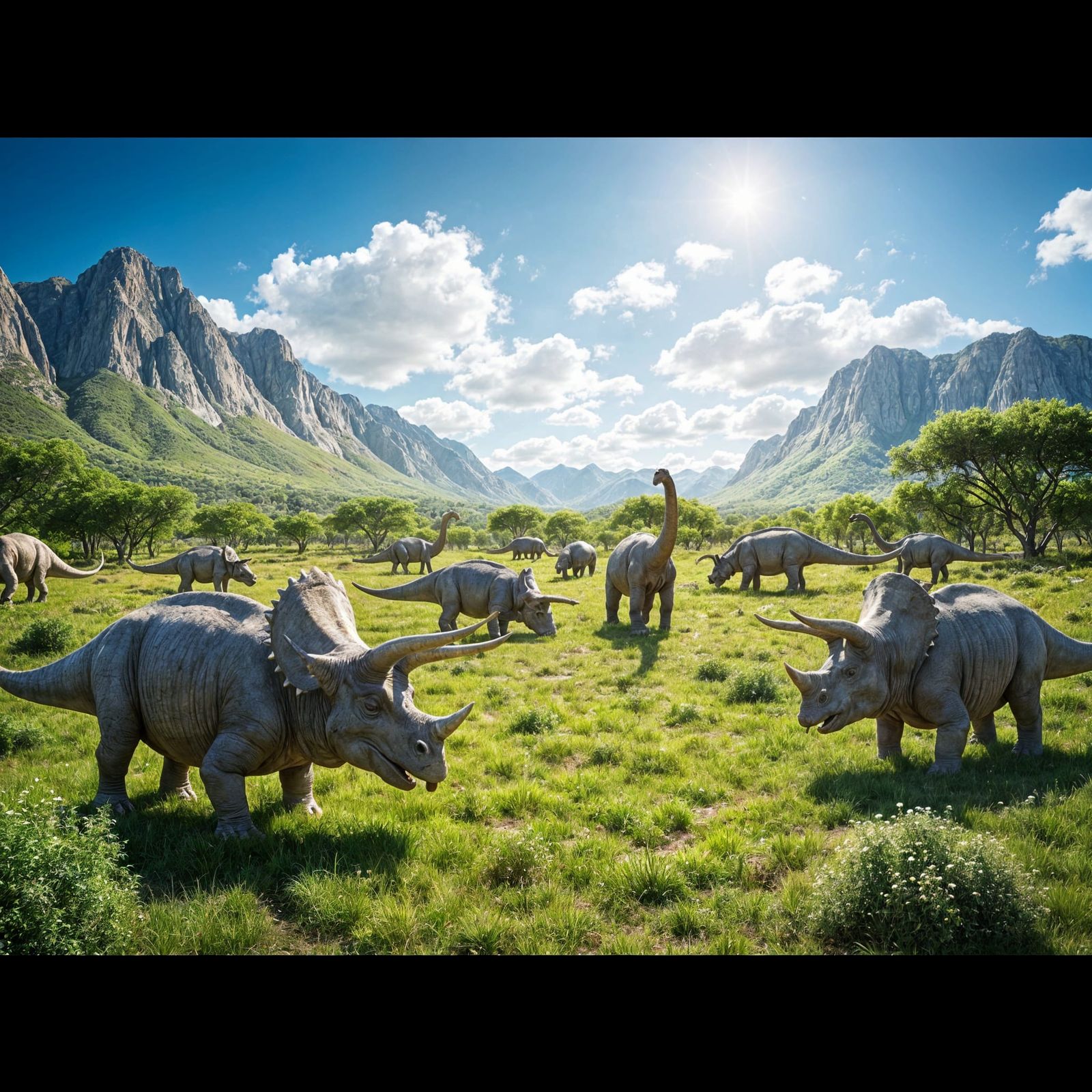 Peaceful Dinosaurs Grazing in Prehistoric Clearing