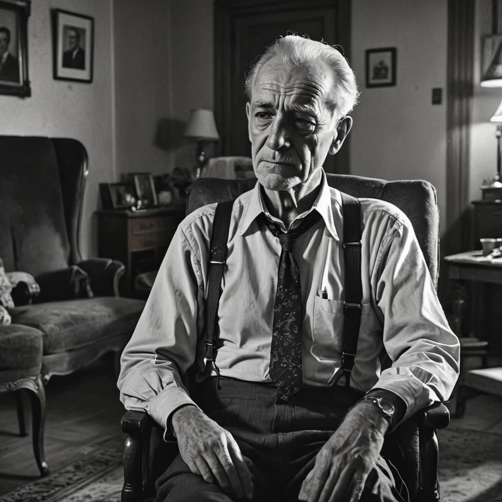Elderly Man in 1940s Room with Empty Chair