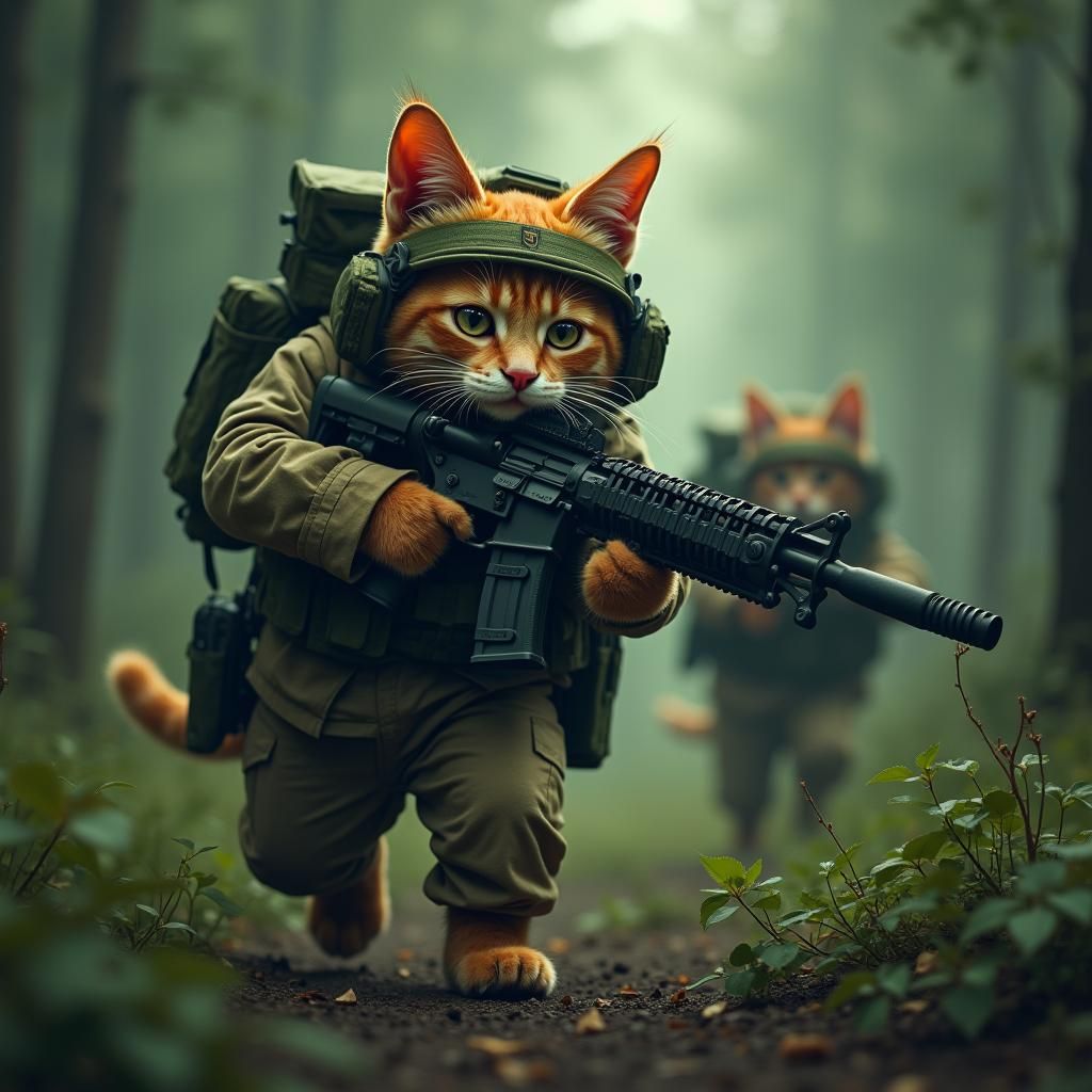 Tactical Tabby Cat Operative in Forest Scene
