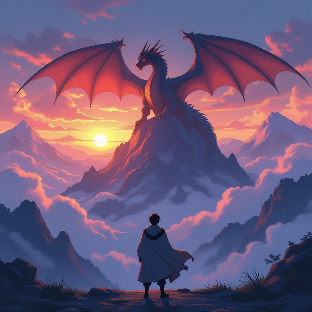 Hero Confronts Dragon at Sunrise: Anime Style