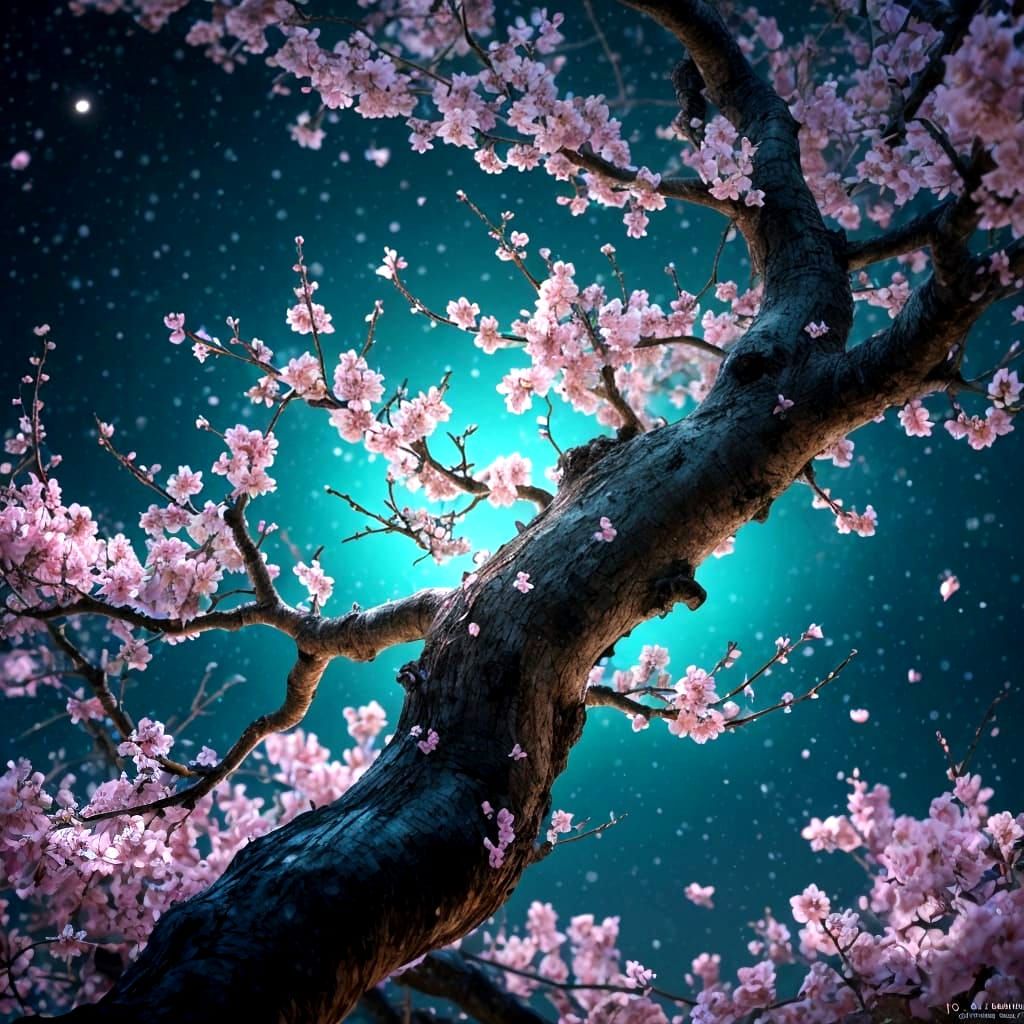 Blooming bioluminescent cherry blossom tree.