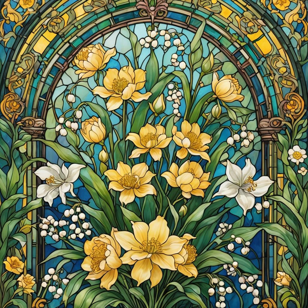 Art nouveau stained glass, fairy, lily of the valley, yellow peonies
