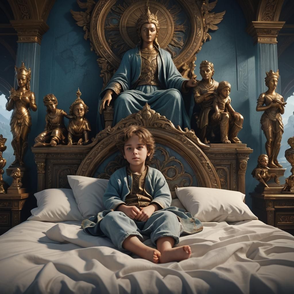 Child in Bed with Parental Statues