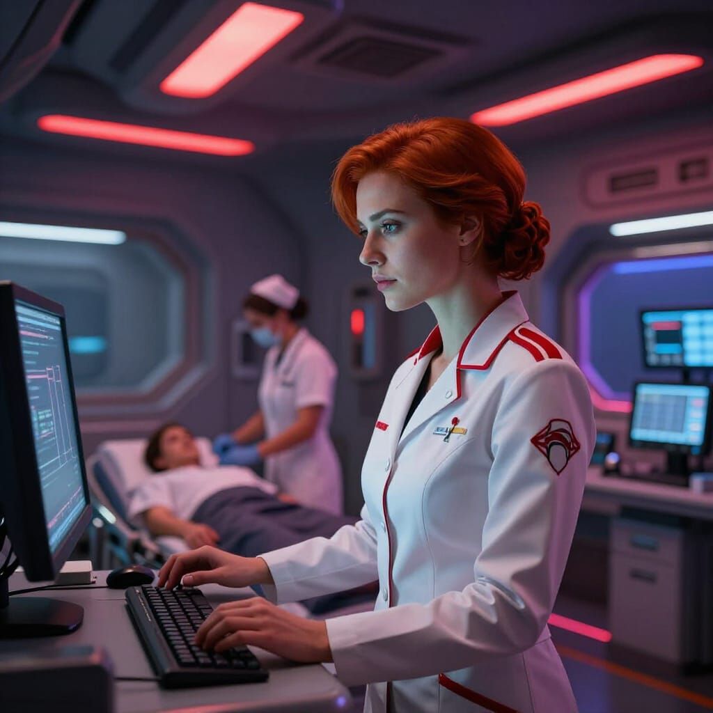 Futuristic Doctor in Crisis Naval Sickbay