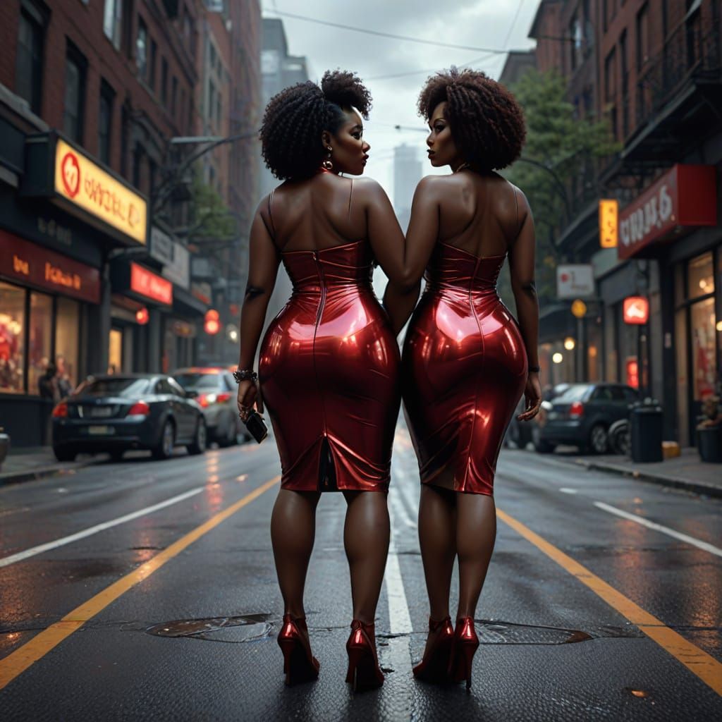 Mature Ebony Women in Red Metallic Latex, Passionate Kiss on...