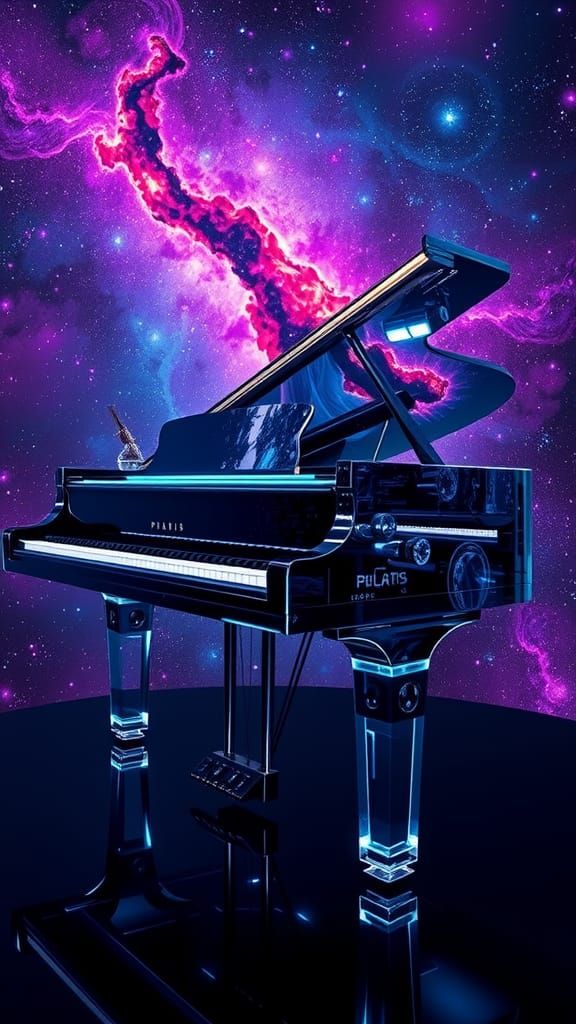 Cosmic Piano in Futuristic Digital Art Style