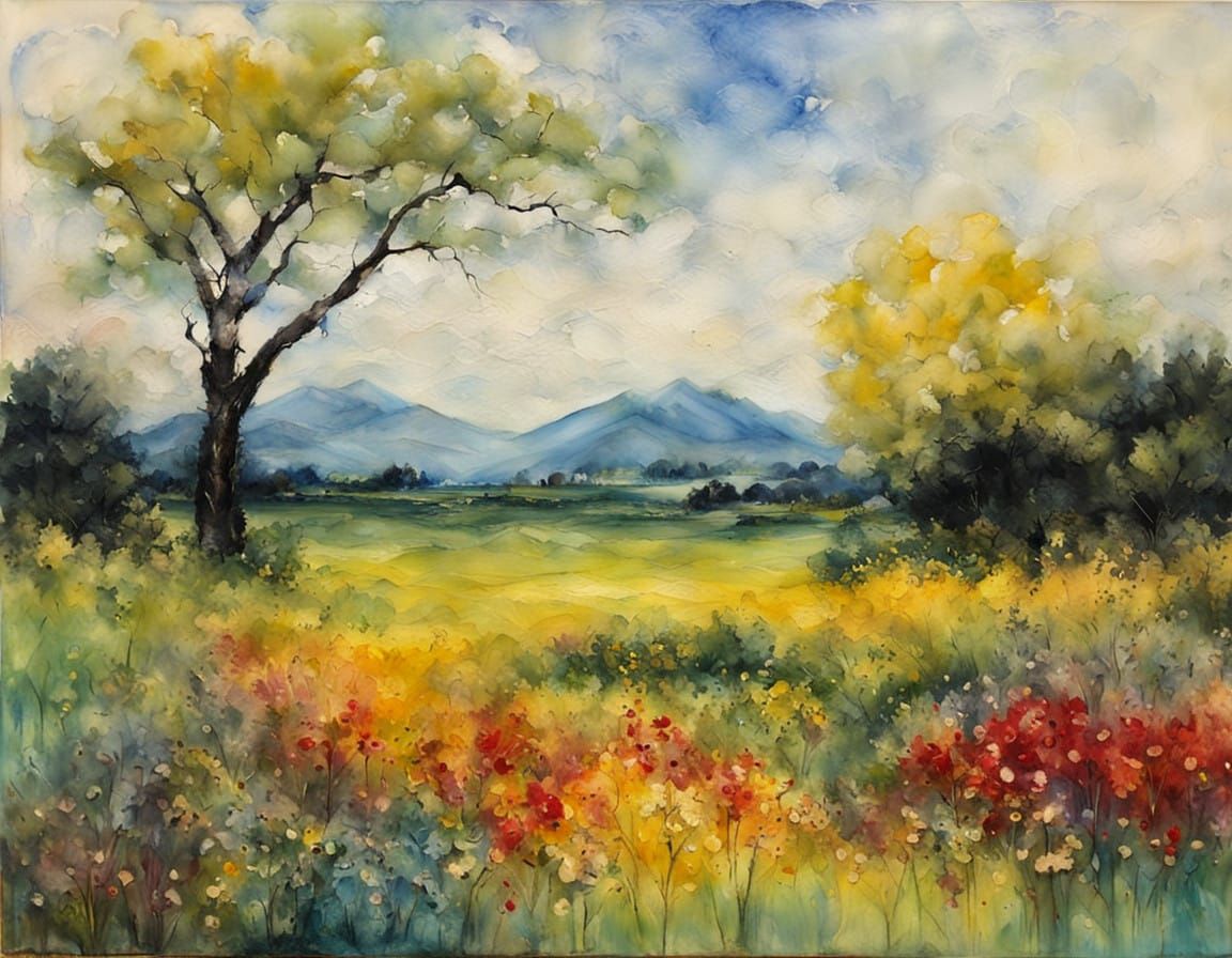 Encaustic painting, pastoral landscape, vivid