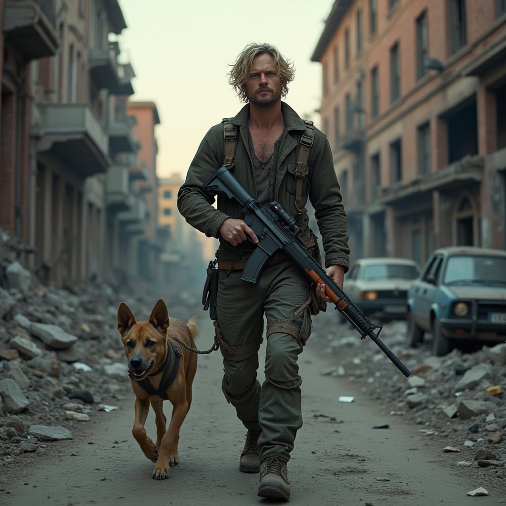 War-Torn Survivor Walks Desolate Street at Dusk