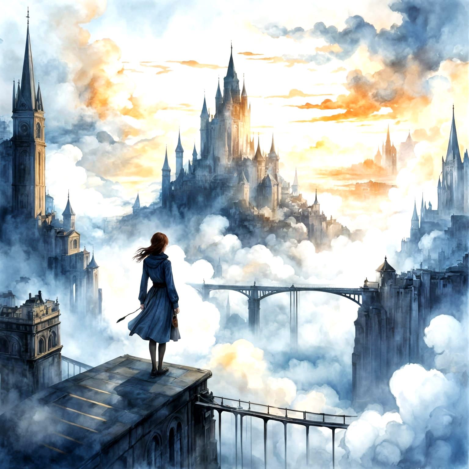 Dreamlike Cloud City with Solitary Woman, Watercolor Style